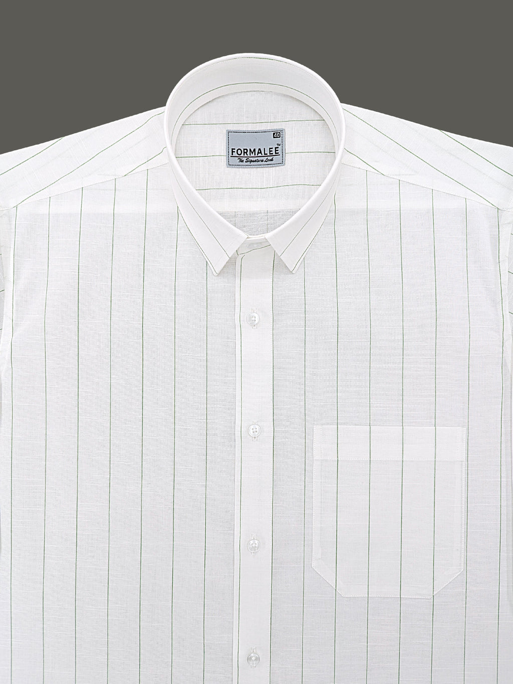 Valmont Premium Linen Cotton Dark Green Line On White Formal Shirt