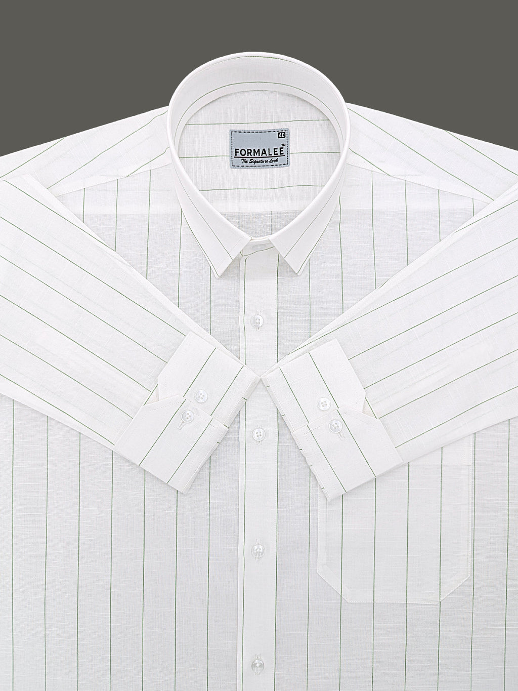 Valmont Premium Linen Cotton Dark Green Line On White Formal Shirt