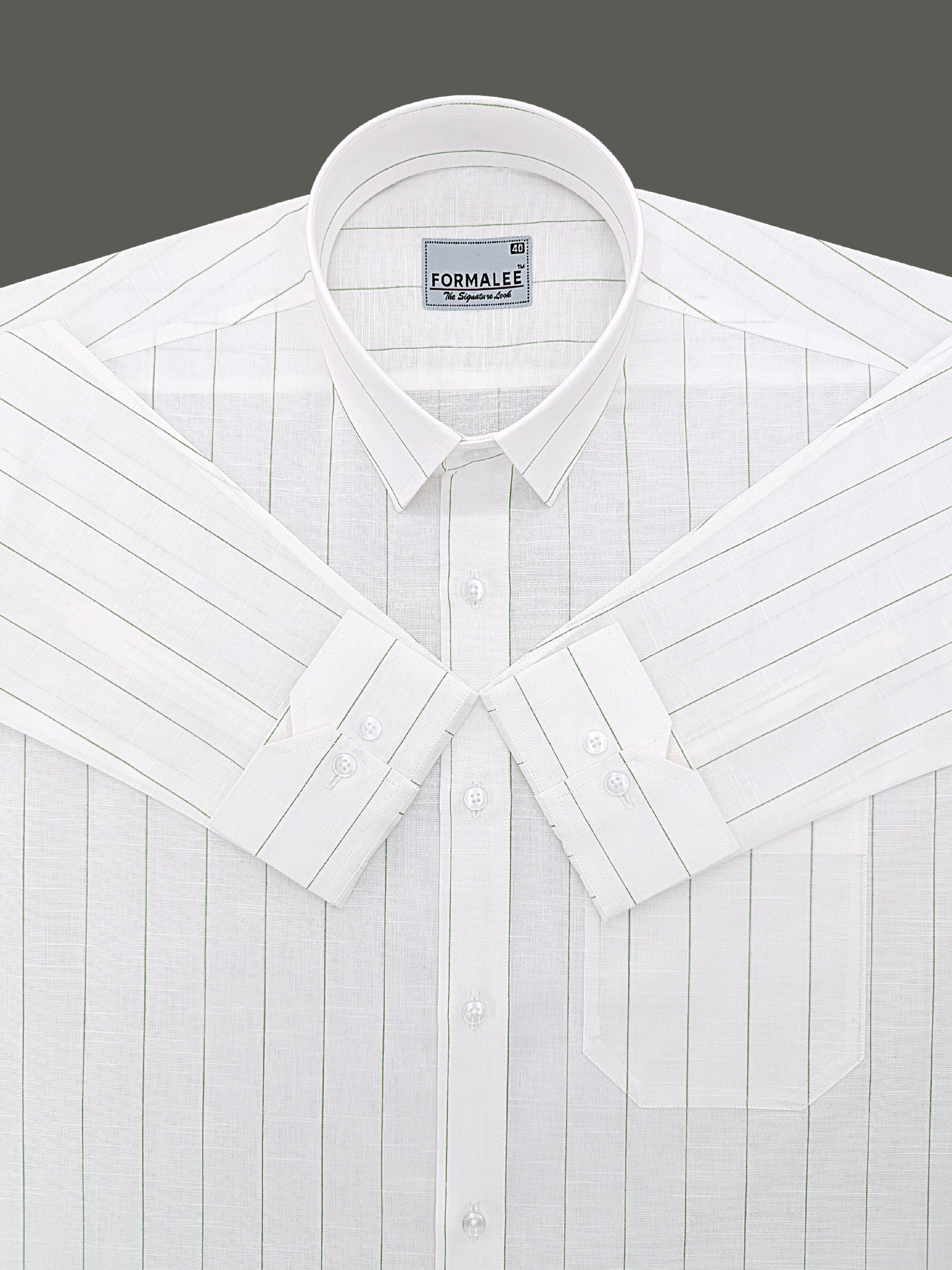 Valmont Premium Linen Cotton Dark Green Line On White Formal Shirt