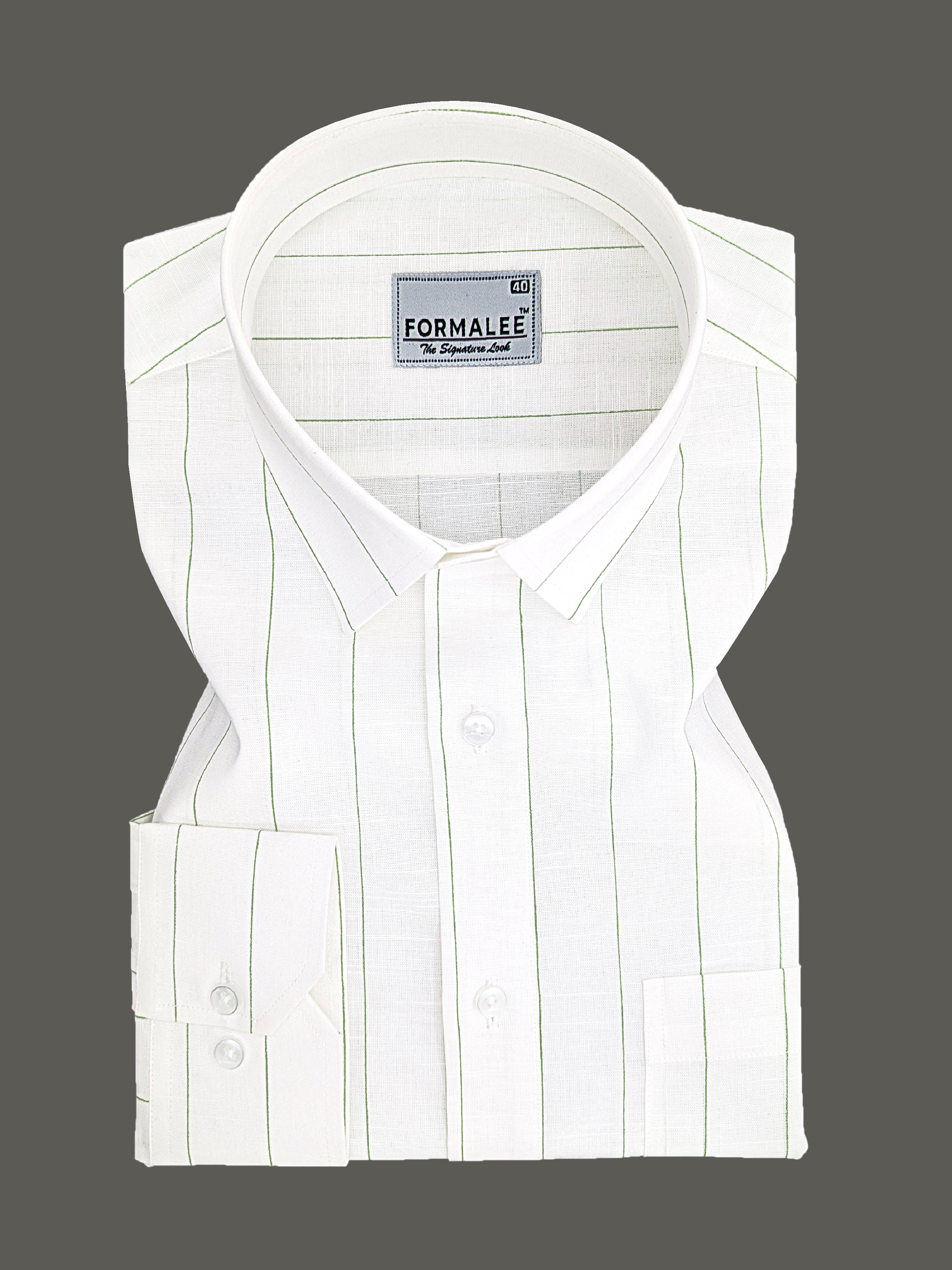 Valmont Premium Linen Cotton Dark Green Line On White Formal Shirt