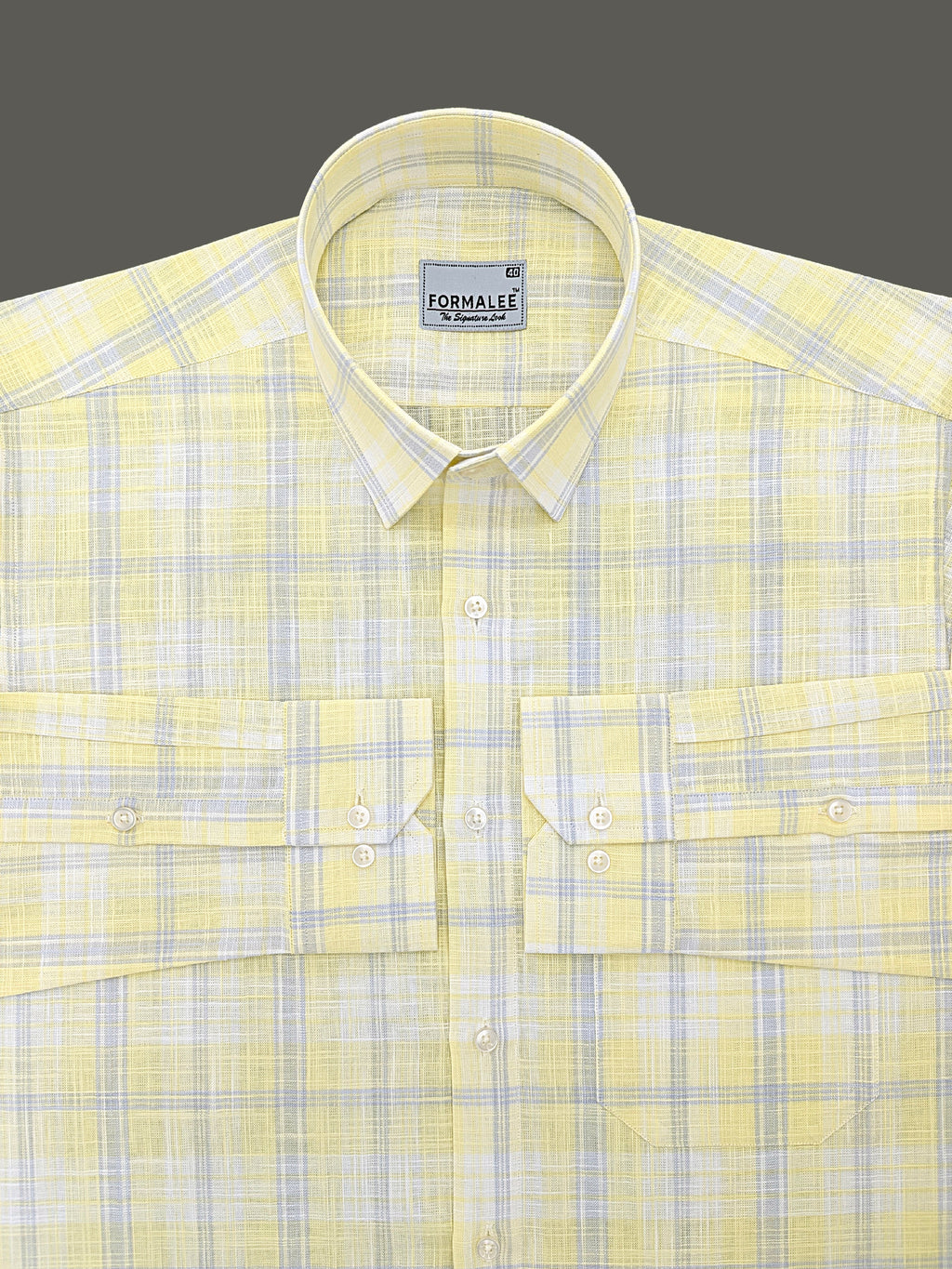 Venezia Luxurious French Linen Grey Checks On Lightish Yellow Formal Shirt