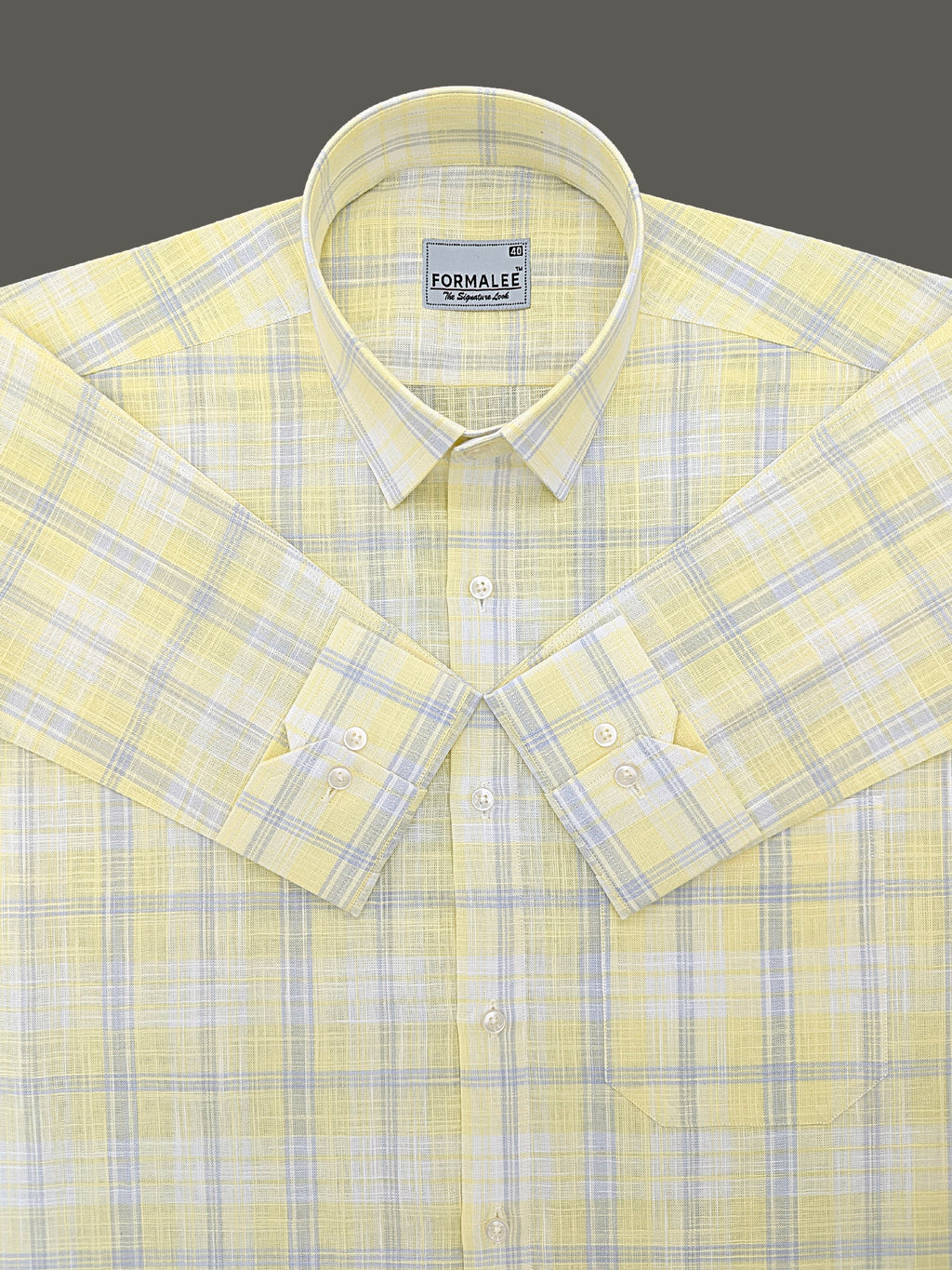 Venezia Luxurious French Linen Grey Checks On Lightish Yellow Formal Shirt