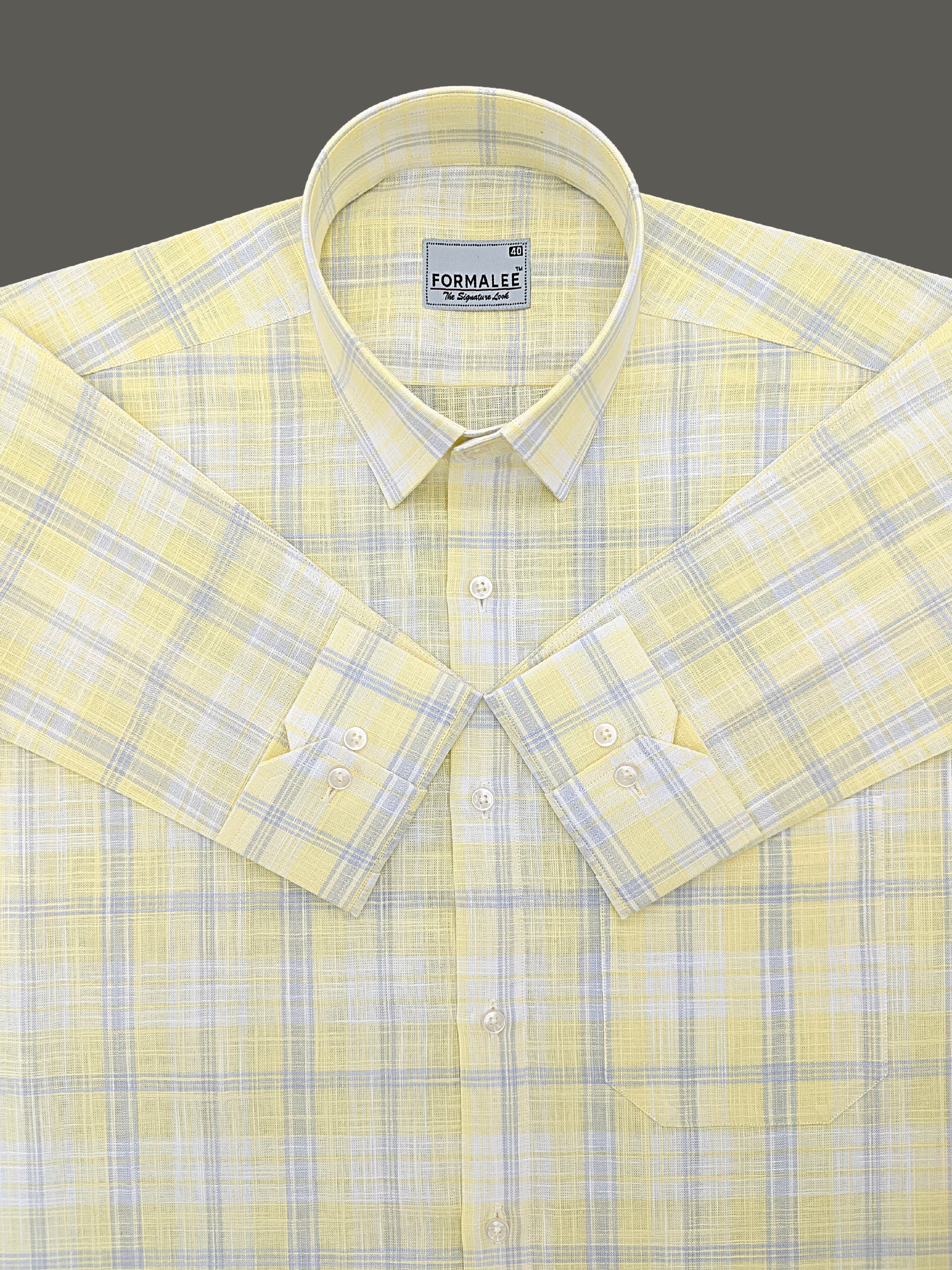 Venezia Luxurious French Linen Grey Checks On Lightish Yellow Formal Shirt
