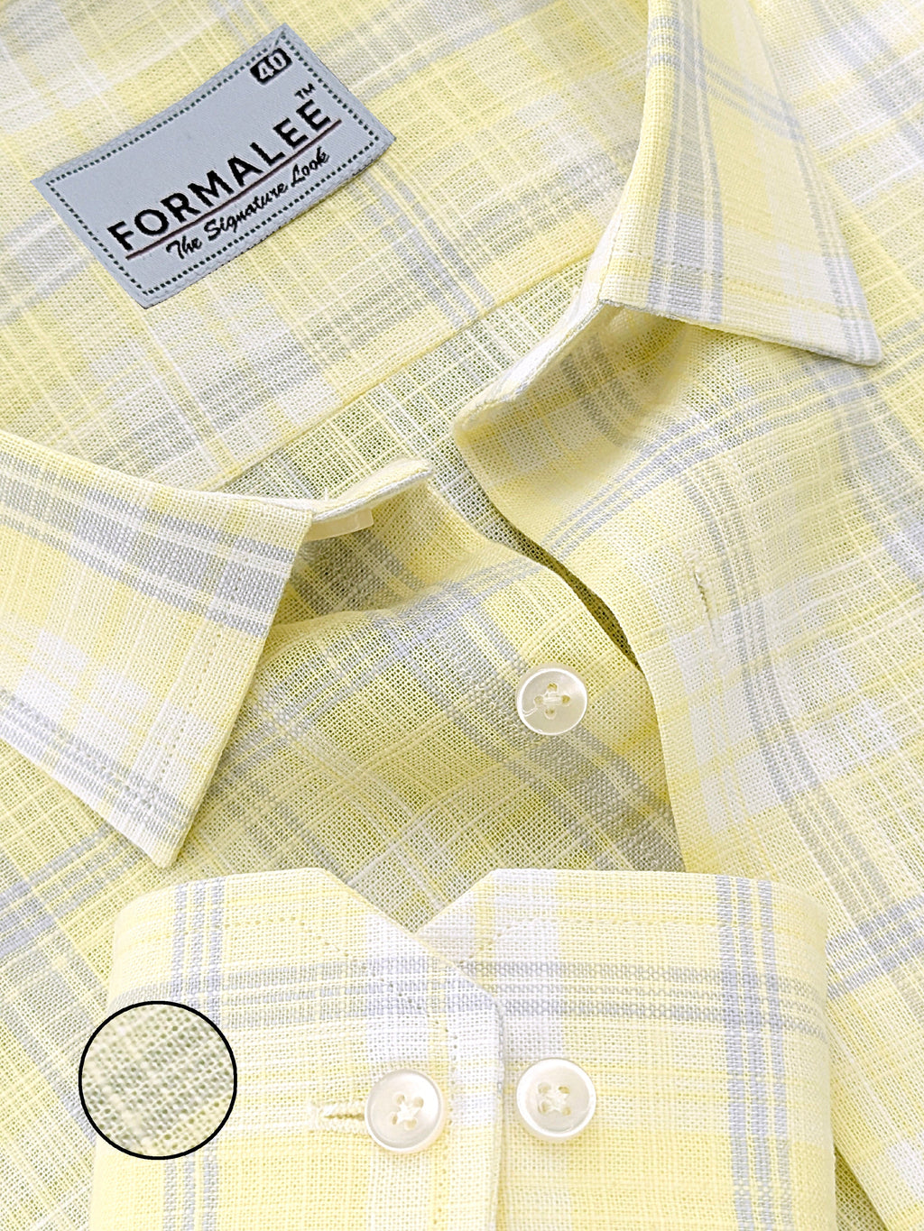 Venezia Luxurious French Linen Grey Checks On Lightish Yellow Formal Shirt