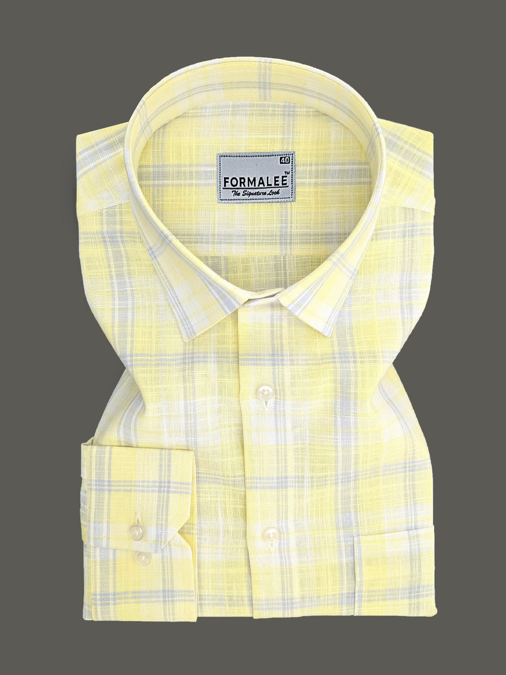Venezia Luxurious French Linen Grey Checks On Lightish Yellow Formal Shirt