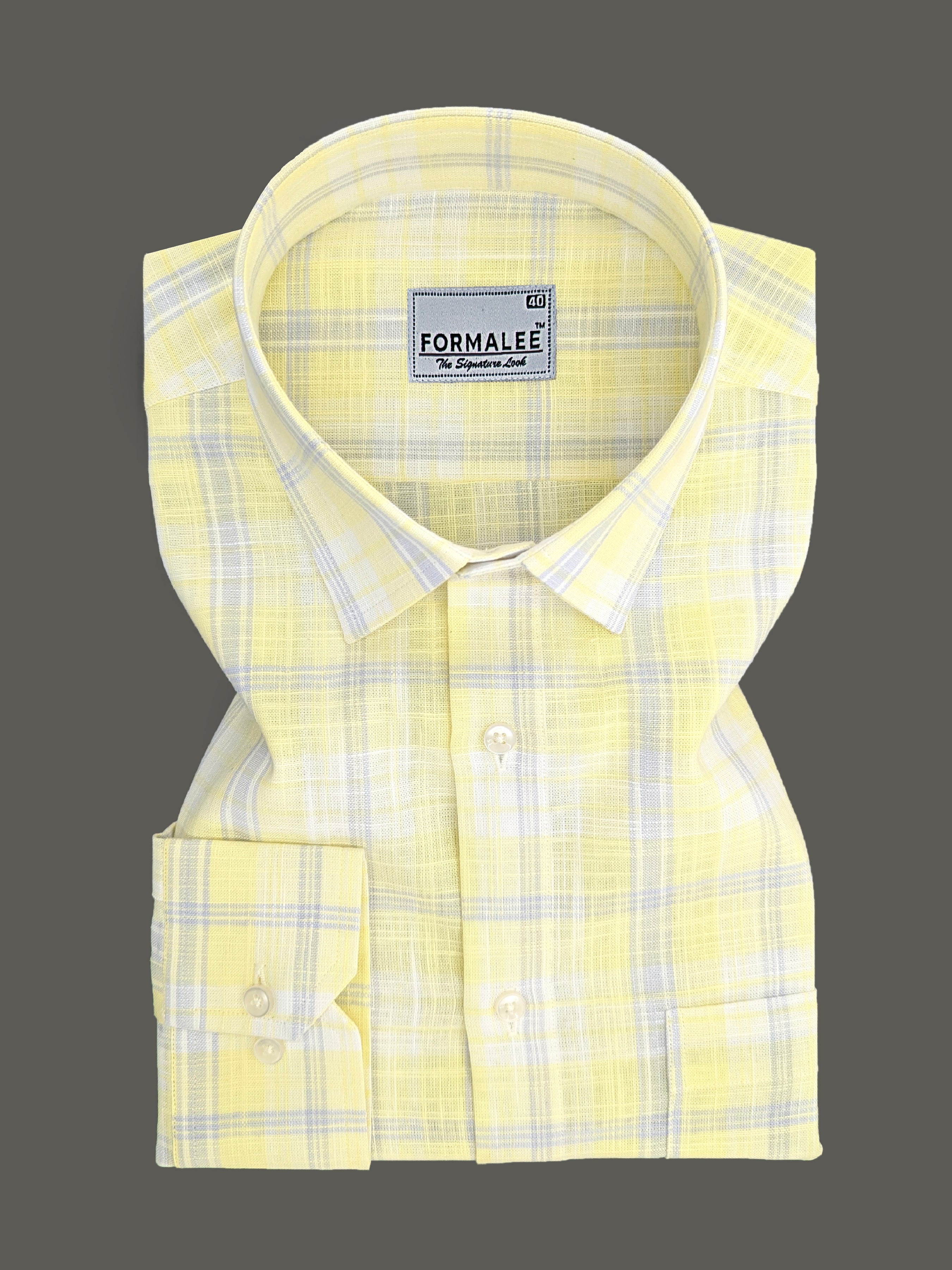 Venezia Luxurious French Linen Grey Checks On Lightish Yellow Formal Shirt