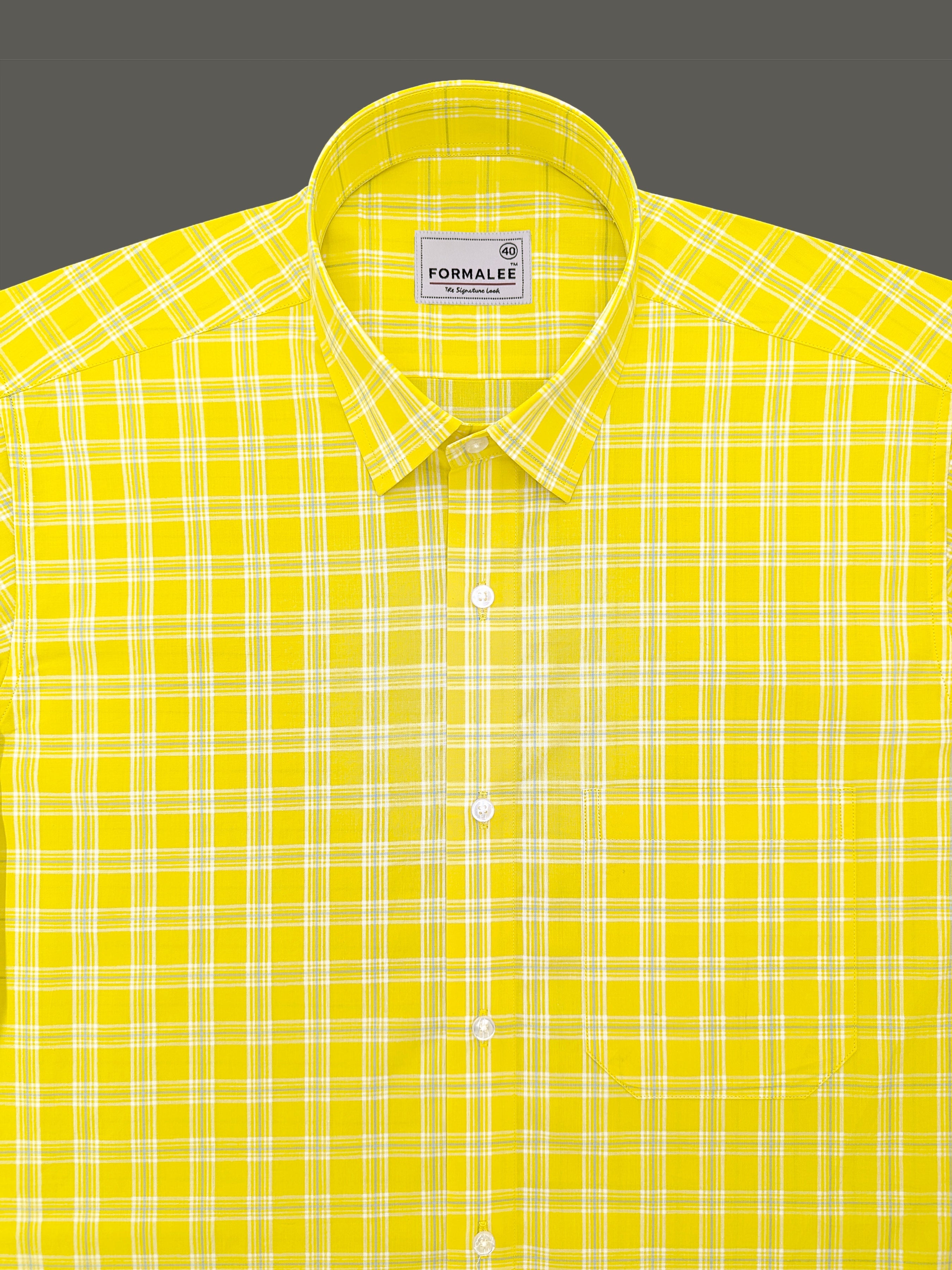 Premium Cotton Cyan Blue Check On Yellow Formal Shirt For men