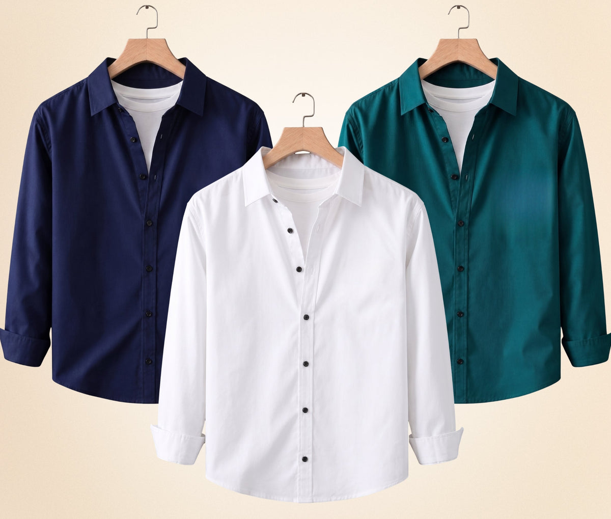 Blind Bear Men's Solid Full Sleeve Casual Shirts – Navy Blue, Teal Green and White (Pack of 3)