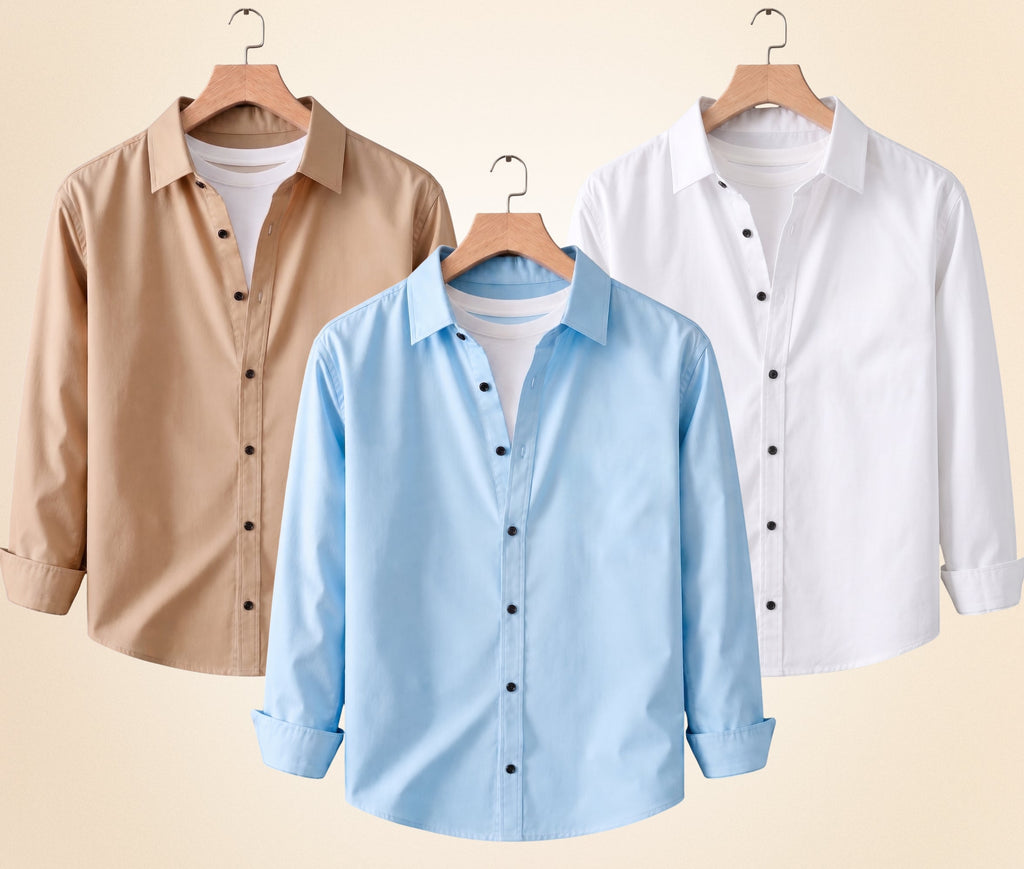 Blind Bear Men's Solid Full Sleeve Casual Shirts – Sand Beige, Sky Blue and White (Pack of 3)