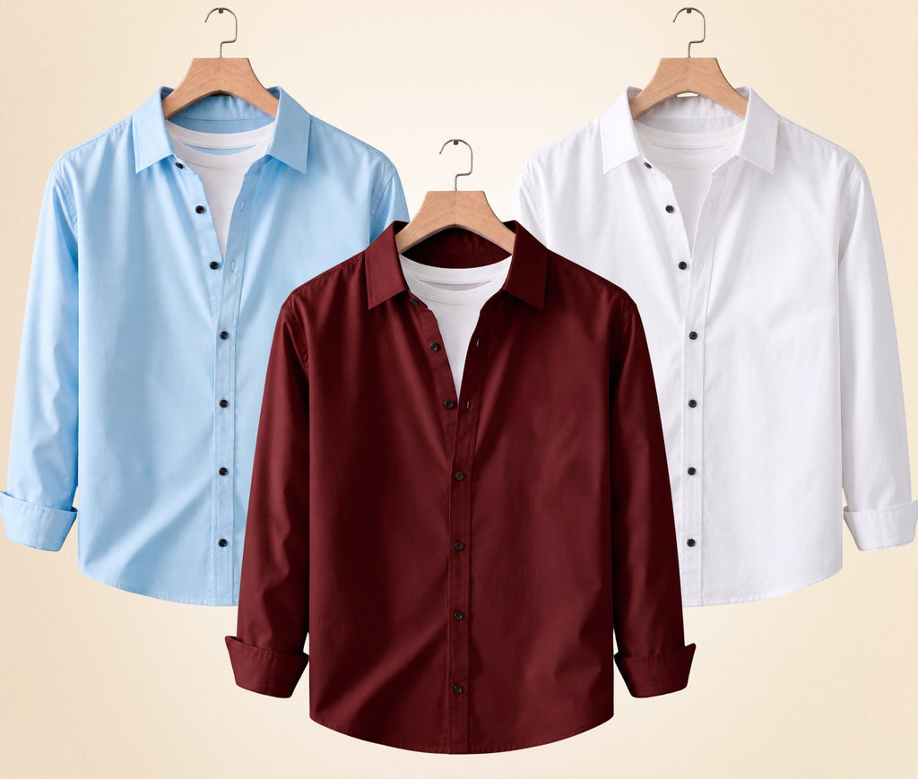 Blind Bear Men's Solid Full Sleeve Casual Shirts – Burgundy, Sky Blue and White (Pack of 3)
