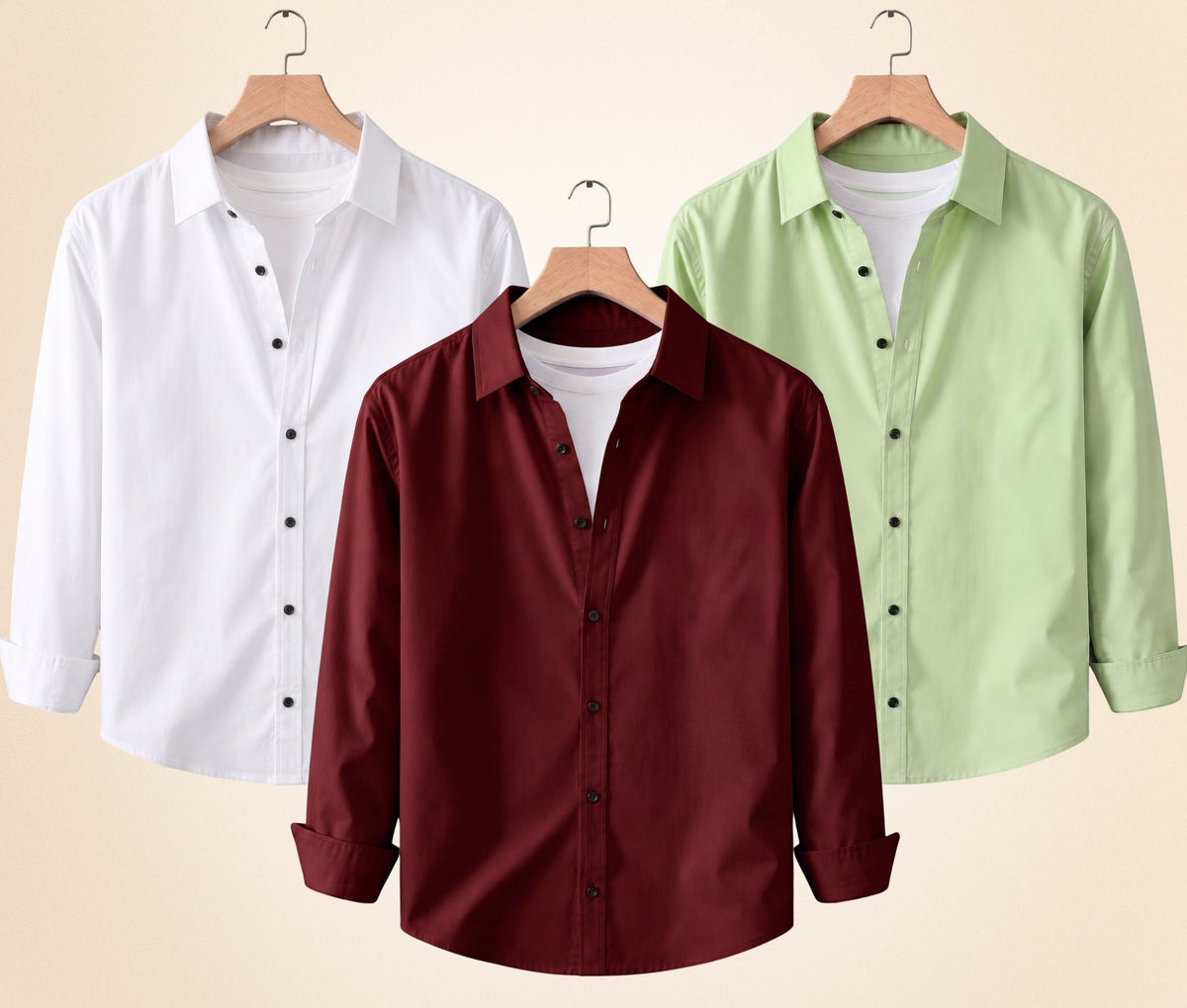 Blind Bear Men's Solid Full Sleeve Casual Shirts – Burgundy, Pista and White (Pack of 3)