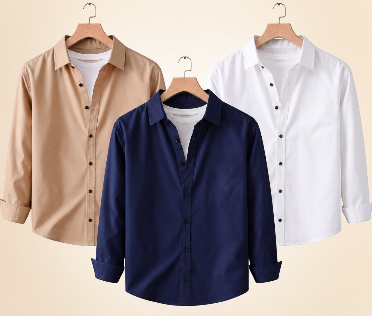 Blind Bear Men's Solid Full Sleeve Casual Shirts – Sand Beige, Navy Blue and White (Pack of 3)