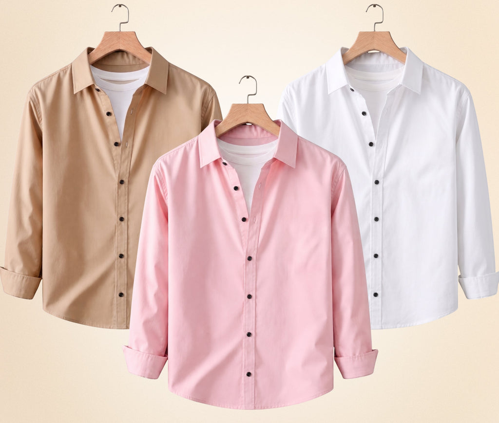 Blind Bear Men's Solid Full Sleeve Casual Shirts – Sand Beige, Peach Pink and White (Pack of 3)