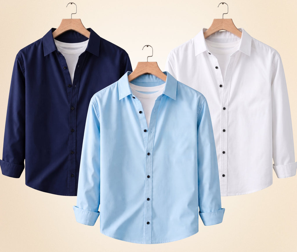 Blind Bear Men's Solid Full Sleeve Casual Shirts – Navy Blue, Sky Blue and White (Pack of 3)