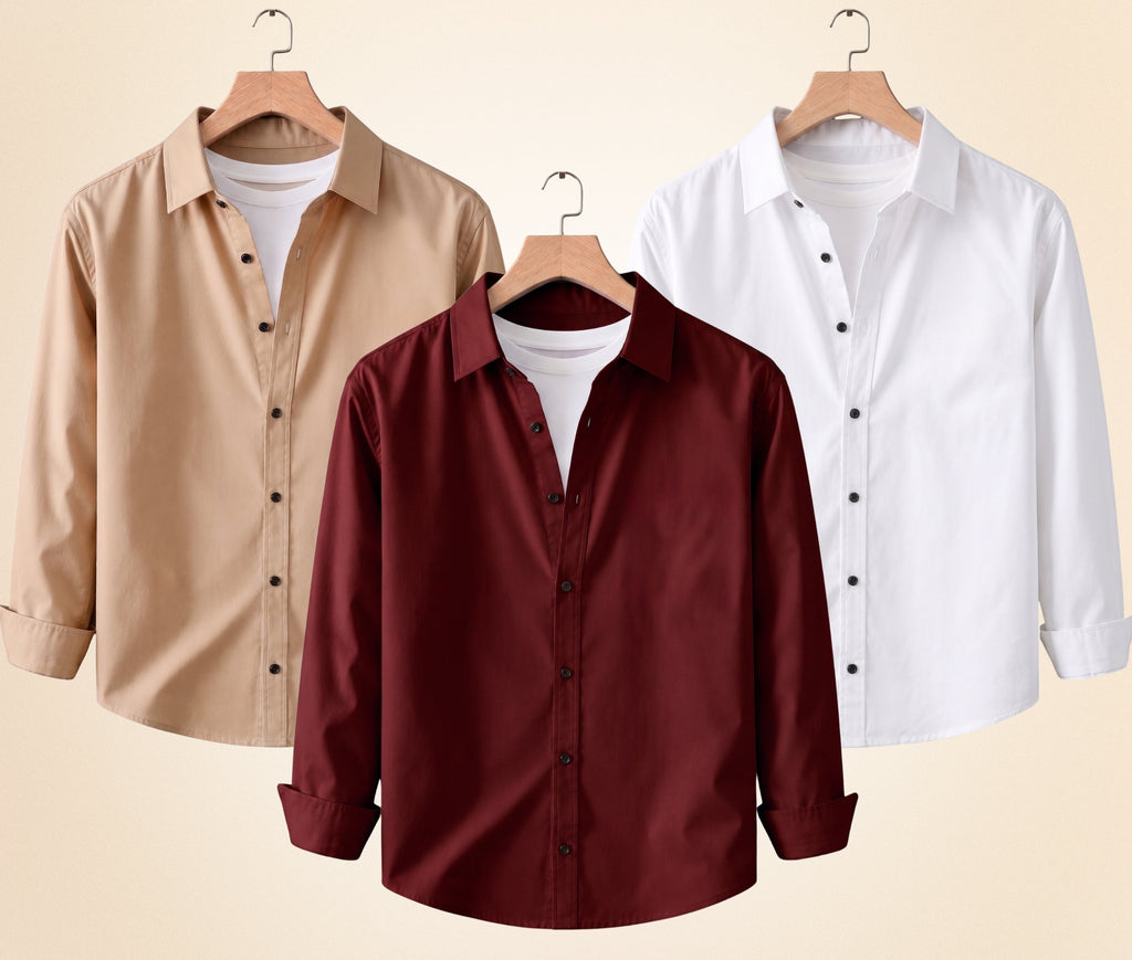 Blind Bear Men's Solid Full Sleeve Casual Shirts – Sand Beige, Burgundy and White (Pack of 3)