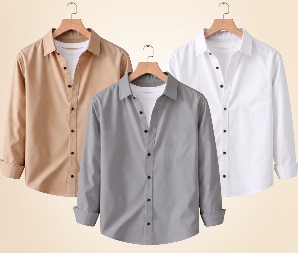 Blind Bear Men's Solid Full Sleeve Casual Shirts – Sand Beige, Grey and White (Pack of 3)
