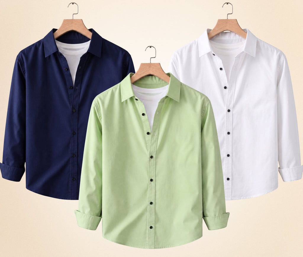 Blind Bear Men's Solid Full Sleeve Casual Shirts – Navy Blue, Pista and White (Pack of 3)