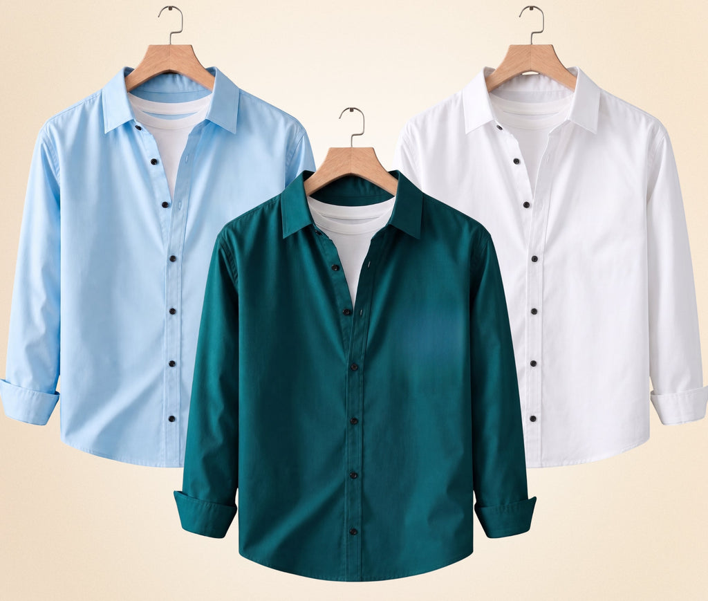 Blind Bear Men's Solid Full Sleeve Casual Shirts – Sky Blue, Teal Green and White (Pack of 3)
