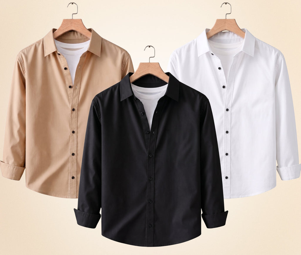 Blind Bear Men's Solid Full Sleeve Casual Shirts – Black, Sand Beige and White (Pack of 3)