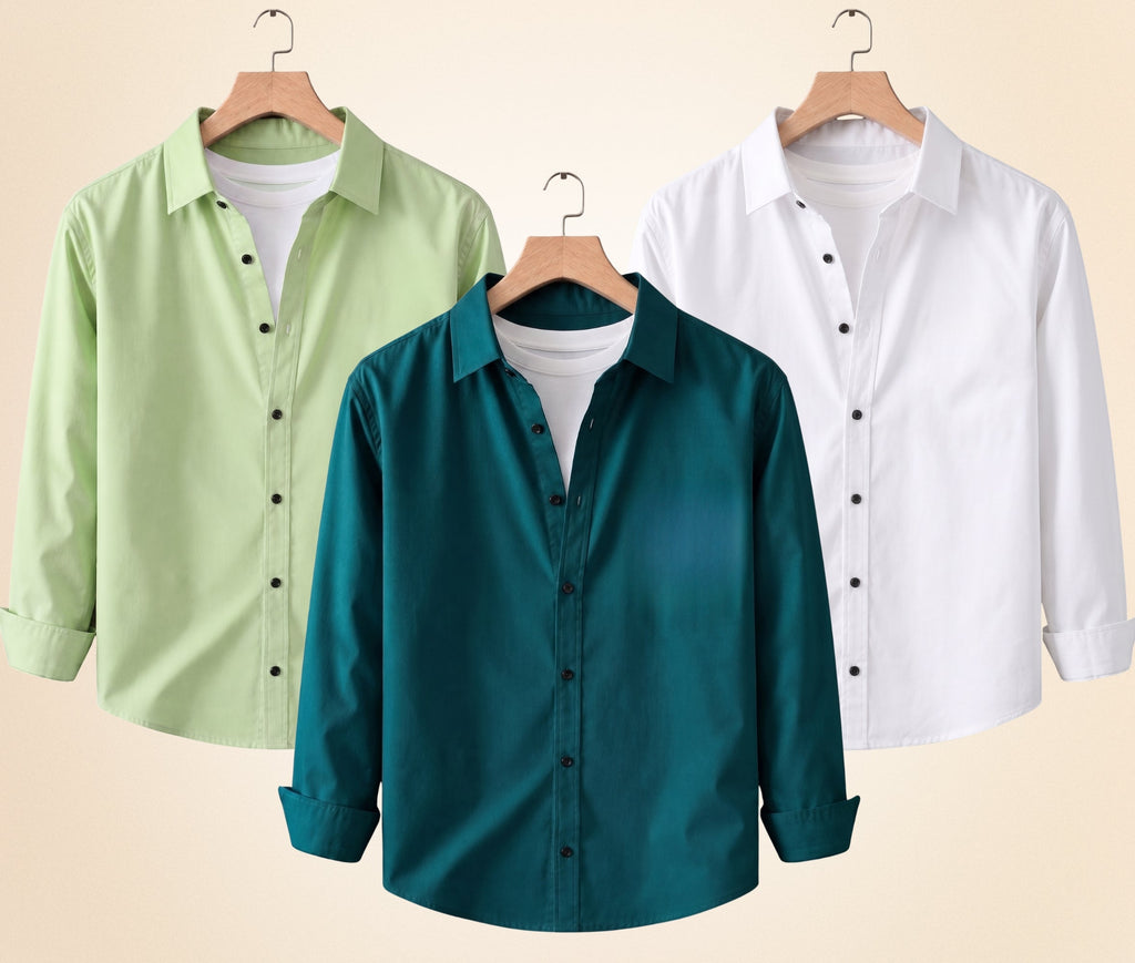 Blind Bear Men's Solid Full Sleeve Casual Shirts – Pista, Teal Green and White (Pack of 3)