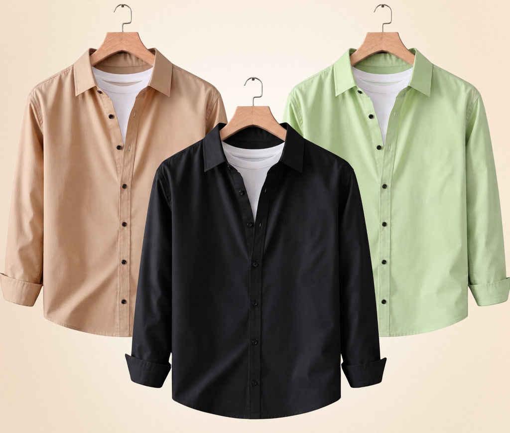 Blind Bear Men's Solid Full Sleeve Casual Shirts – Black, Sand Beige and Pista (Pack of 3)