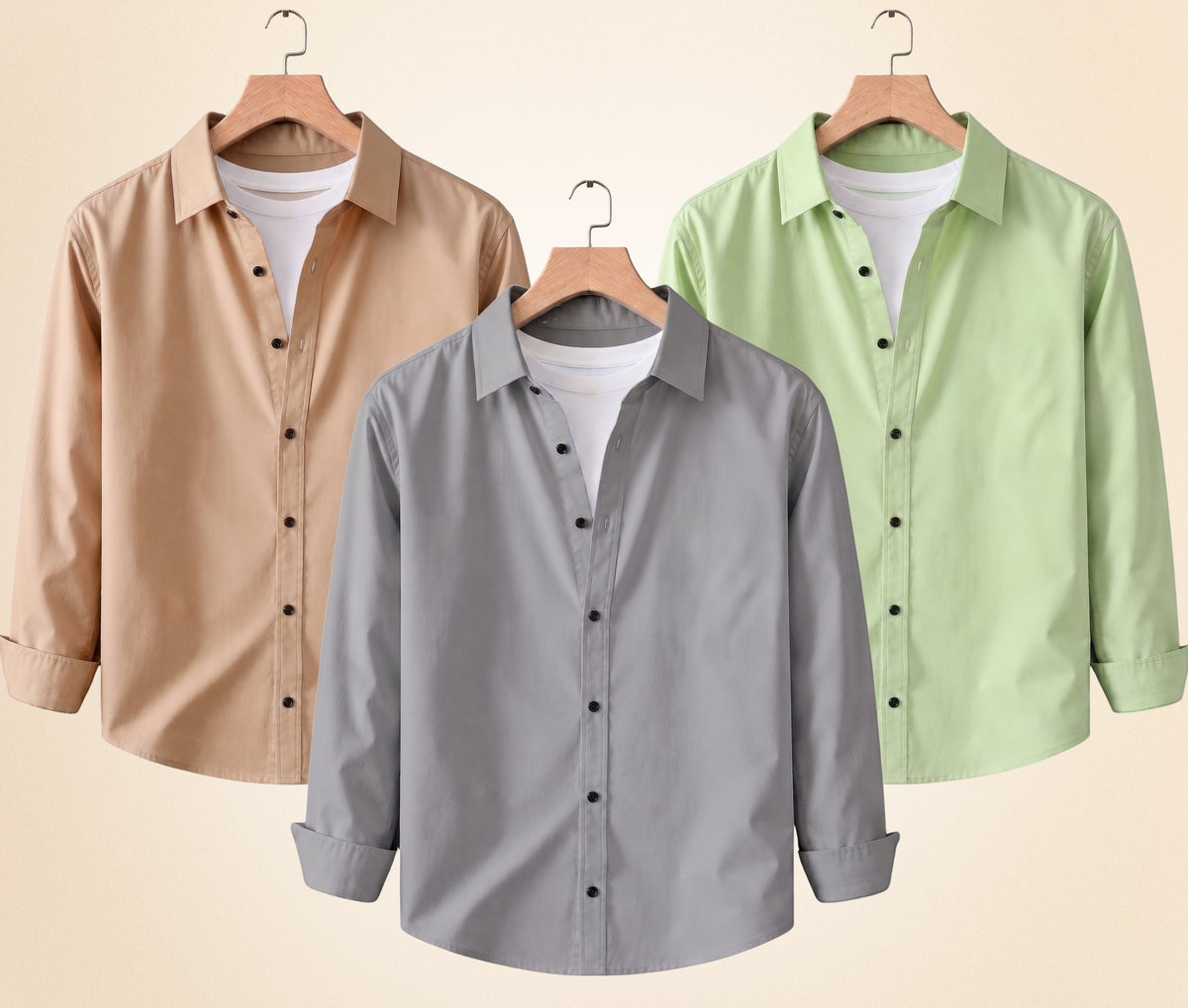 Blind Bear Men's Solid Full Sleeve Casual Shirts – Sand Beige, Grey and Pista (Pack of 3)