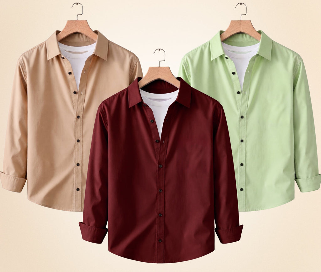 Blind Bear Men's Solid Full Sleeve Casual Shirts – Sand Beige, Burgundy and Pista (Pack of 3)