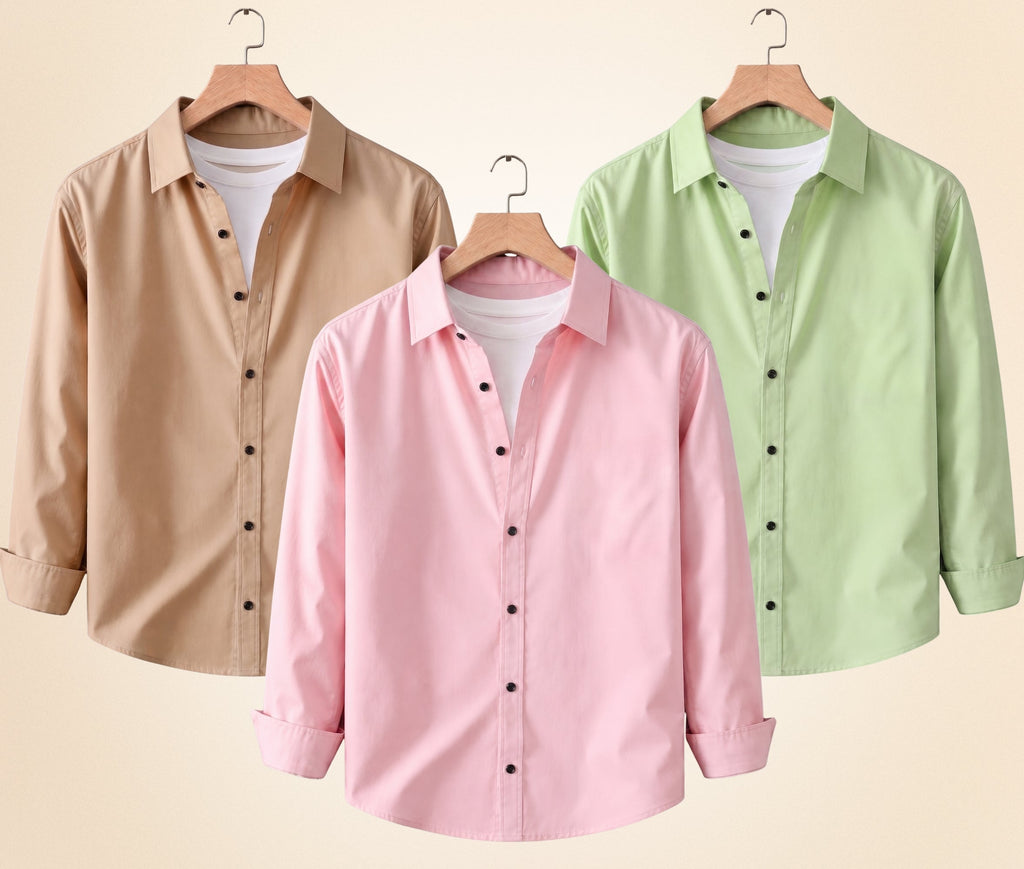 Blind Bear Men's Solid Full Sleeve Casual Shirts – Sand Beige, Peach Pink and Pista (Pack of 3)