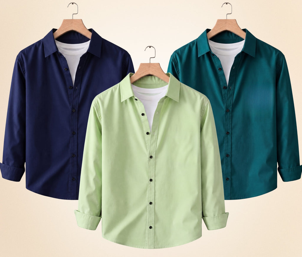 Blind Bear Men's Solid Full Sleeve Casual Shirts – Navy Blue, Pista and Teal Green (Pack of 3)