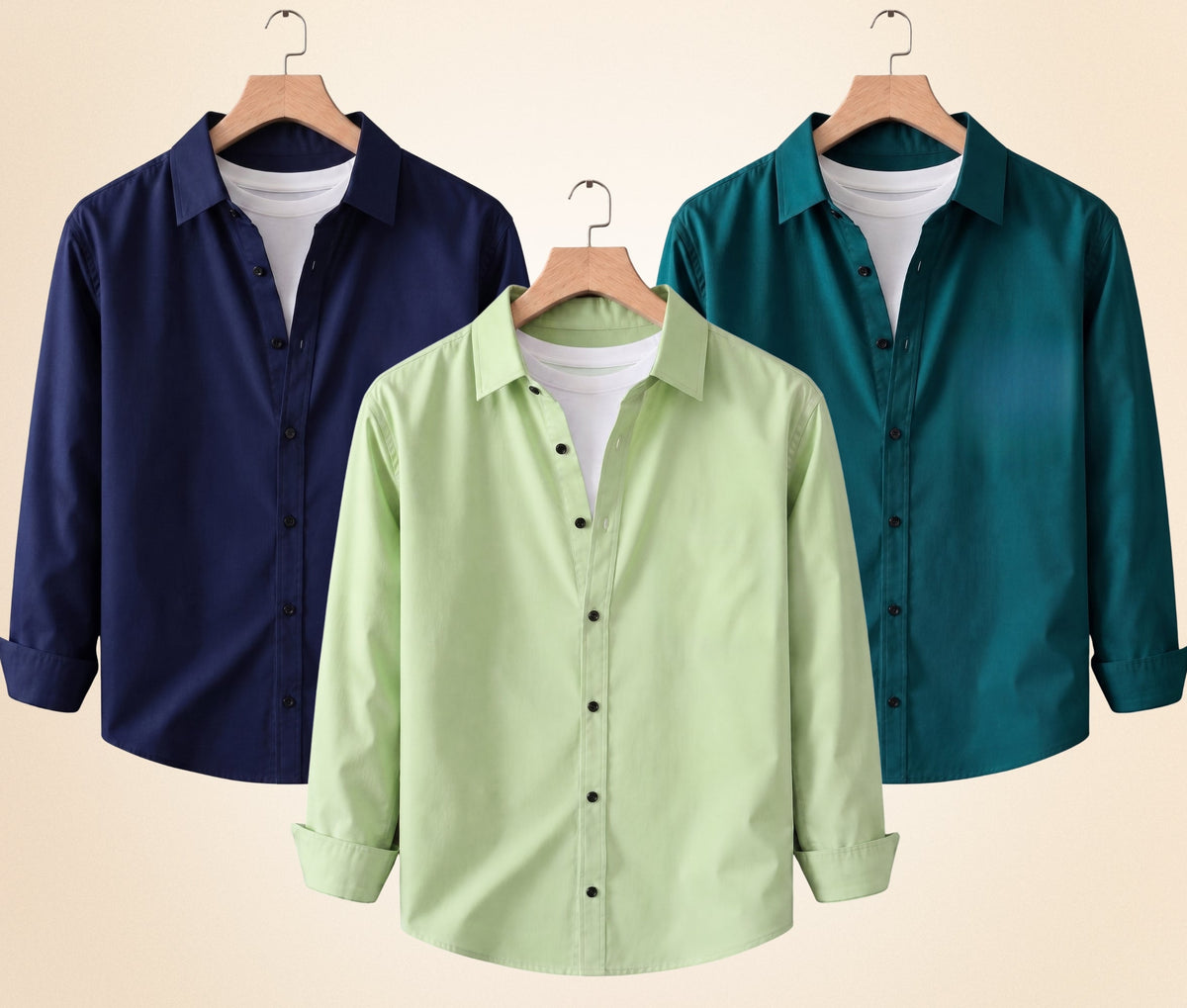 Blind Bear Men's Solid Full Sleeve Casual Shirts – Navy Blue, Pista and Teal Green (Pack of 3)