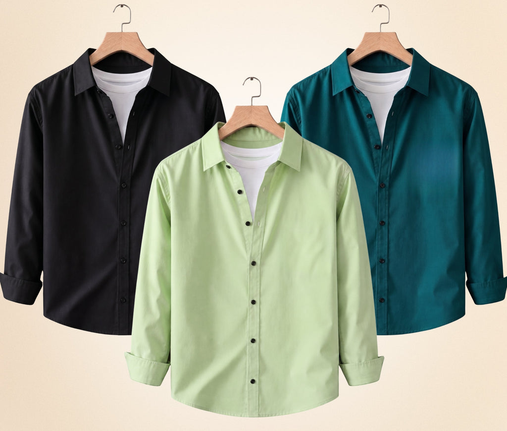 Blind Bear Men's Solid Full Sleeve Casual Shirts – Black, Pista and Teal Green (Pack of 3)