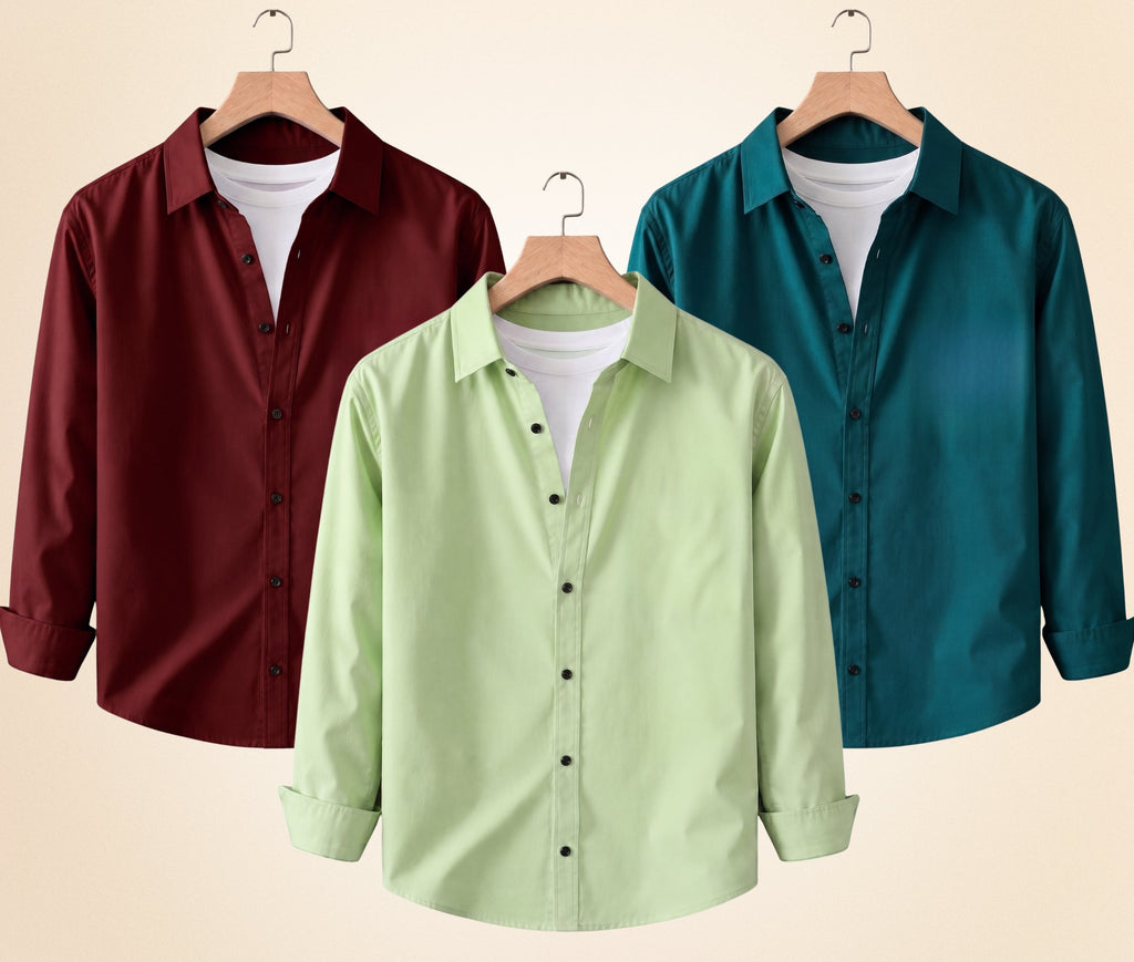 Blind Bear Men's Solid Full Sleeve Casual Shirts – Burgundy, Pista and Teal Green (Pack of 3)