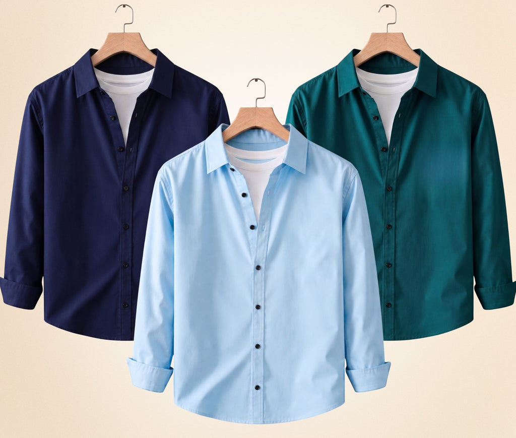 Blind Bear Men's Solid Full Sleeve Casual Shirts – Navy Blue, Sky Blue and Teal Green (Pack of 3)