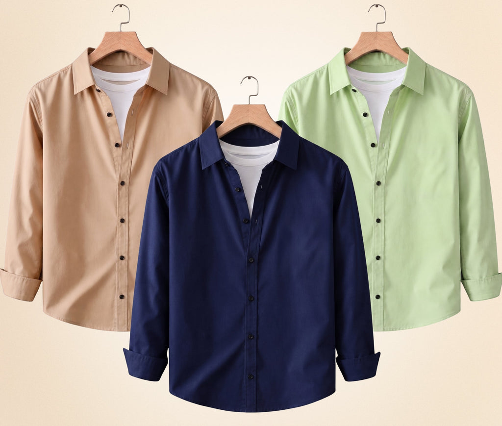 Blind Bear Men's Solid Full Sleeve Casual Shirts – Sand Beige, Navy Blue and Pista (Pack of 3)