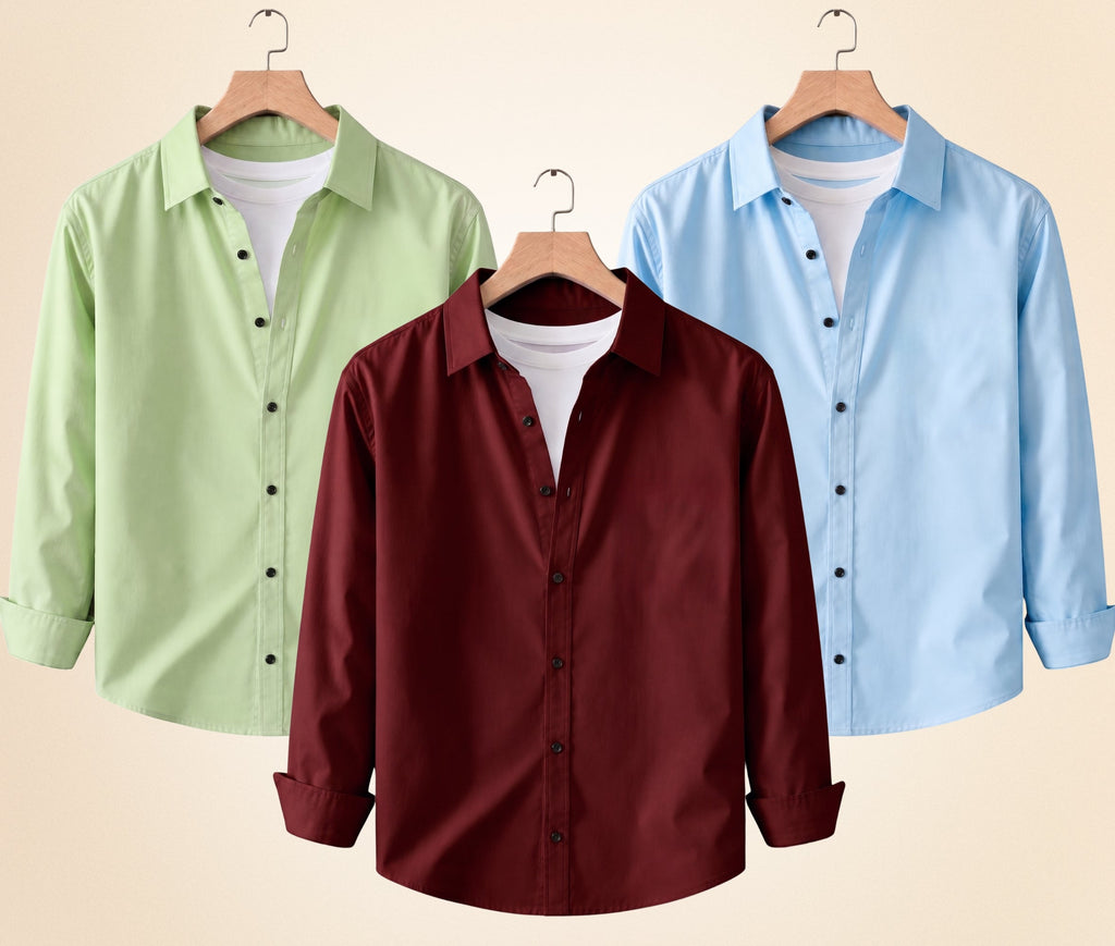 Blind Bear Men's Solid Full Sleeve Casual Shirts – Burgundy, Pista and Sky Blue (Pack of 3)