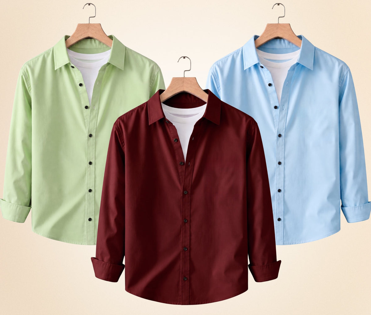Blind Bear Men's Solid Full Sleeve Casual Shirts – Burgundy, Pista and Sky Blue (Pack of 3)