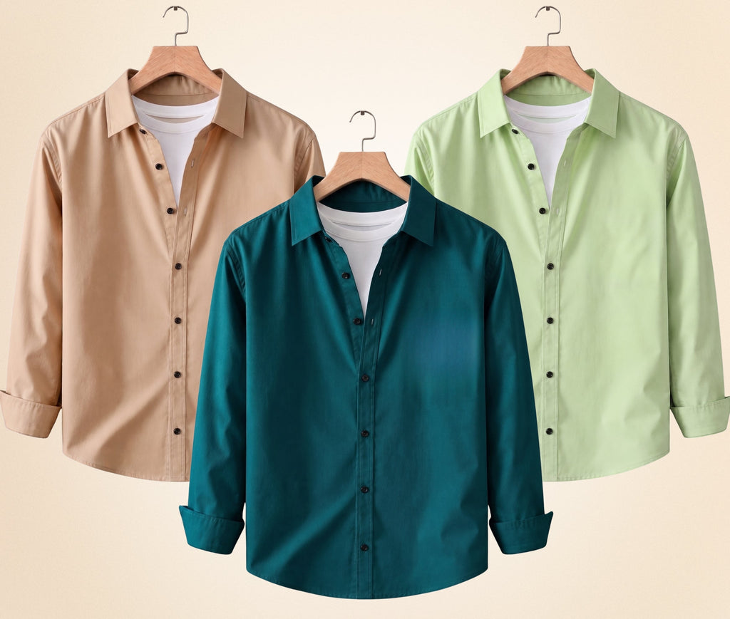 Blind Bear Men's Solid Full Sleeve Casual Shirts – Sand Beige, Pista and Teal Green (Pack of 3)