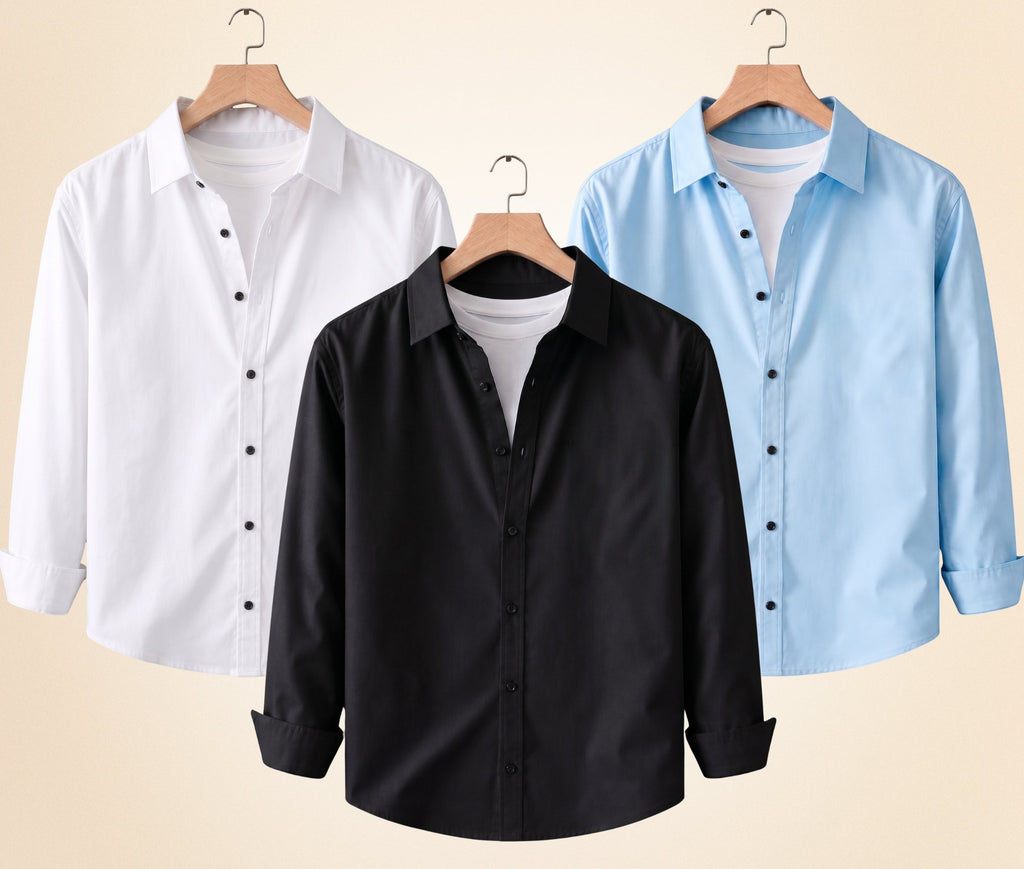 Blind Bear Men's Solid Full Sleeve Casual Shirts – Black, Sky Blue and White (Pack of 3)