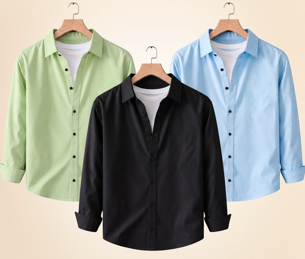Blind Bear Men's Solid Full Sleeve Casual Shirts – Black, Pista and Sky Blue (Pack of 3)