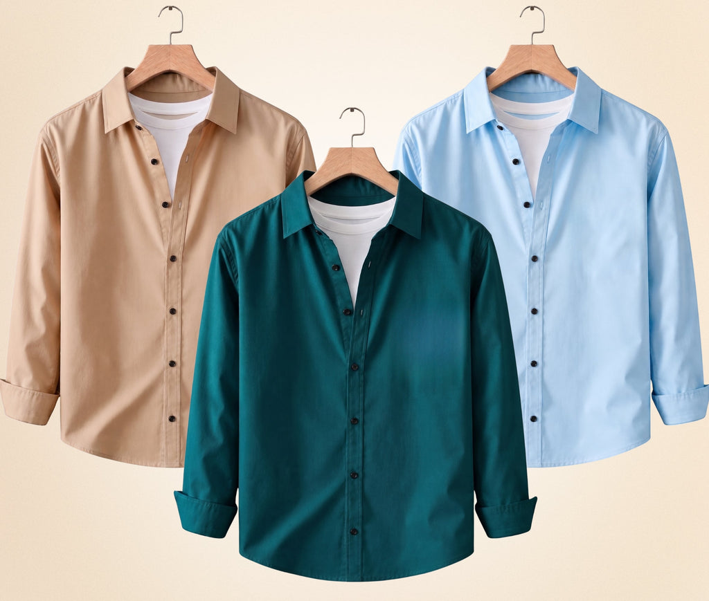 Blind Bear Men's Solid Full Sleeve Casual Shirts – Sand Beige, Sky Blue and Teal Green (Pack of 3)