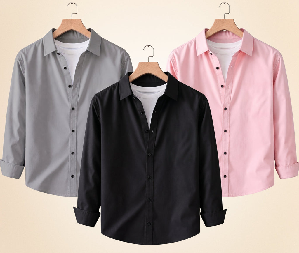 Blind Bear Men's Solid Full Sleeve Casual Shirts – Black, Grey and Peach Pink (Pack of 3)