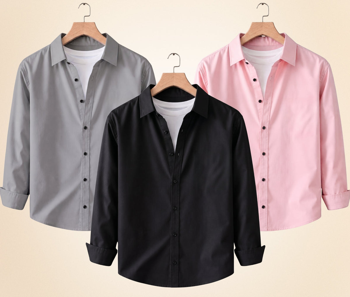 Blind Bear Men's Solid Full Sleeve Casual Shirts – Black, Grey and Peach Pink (Pack of 3)