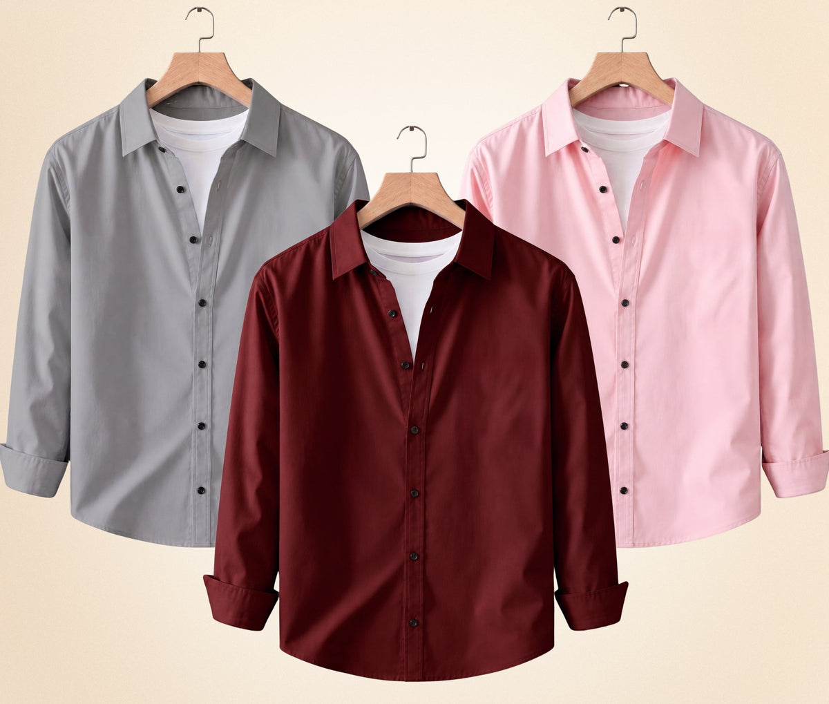 Blind Bear Men's Solid Full Sleeve Casual Shirts – Grey, Burgundy and Peach Pink (Pack of 3)