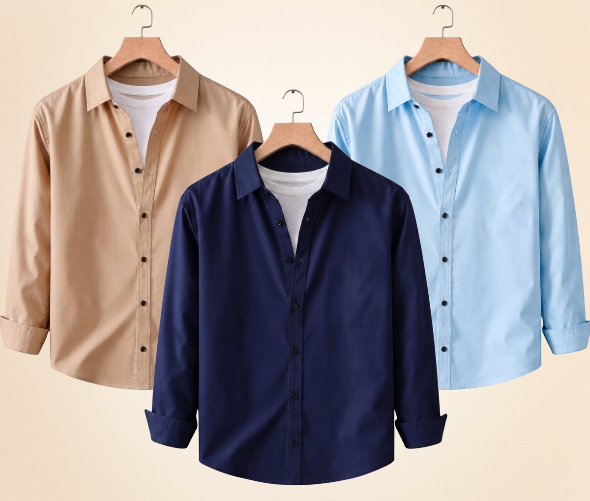 Blind Bear Men's Solid Full Sleeve Casual Shirts – Sand Beige, Navy Blue and Sky Blue (Pack of 3)