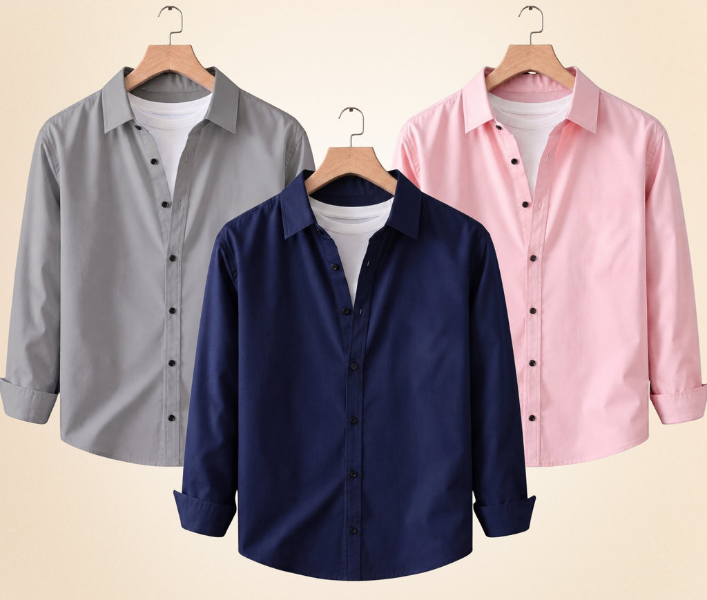 Blind Bear Men's Solid Full Sleeve Casual Shirts – Grey, Navy Blue and Peach Pink (Pack of 3)