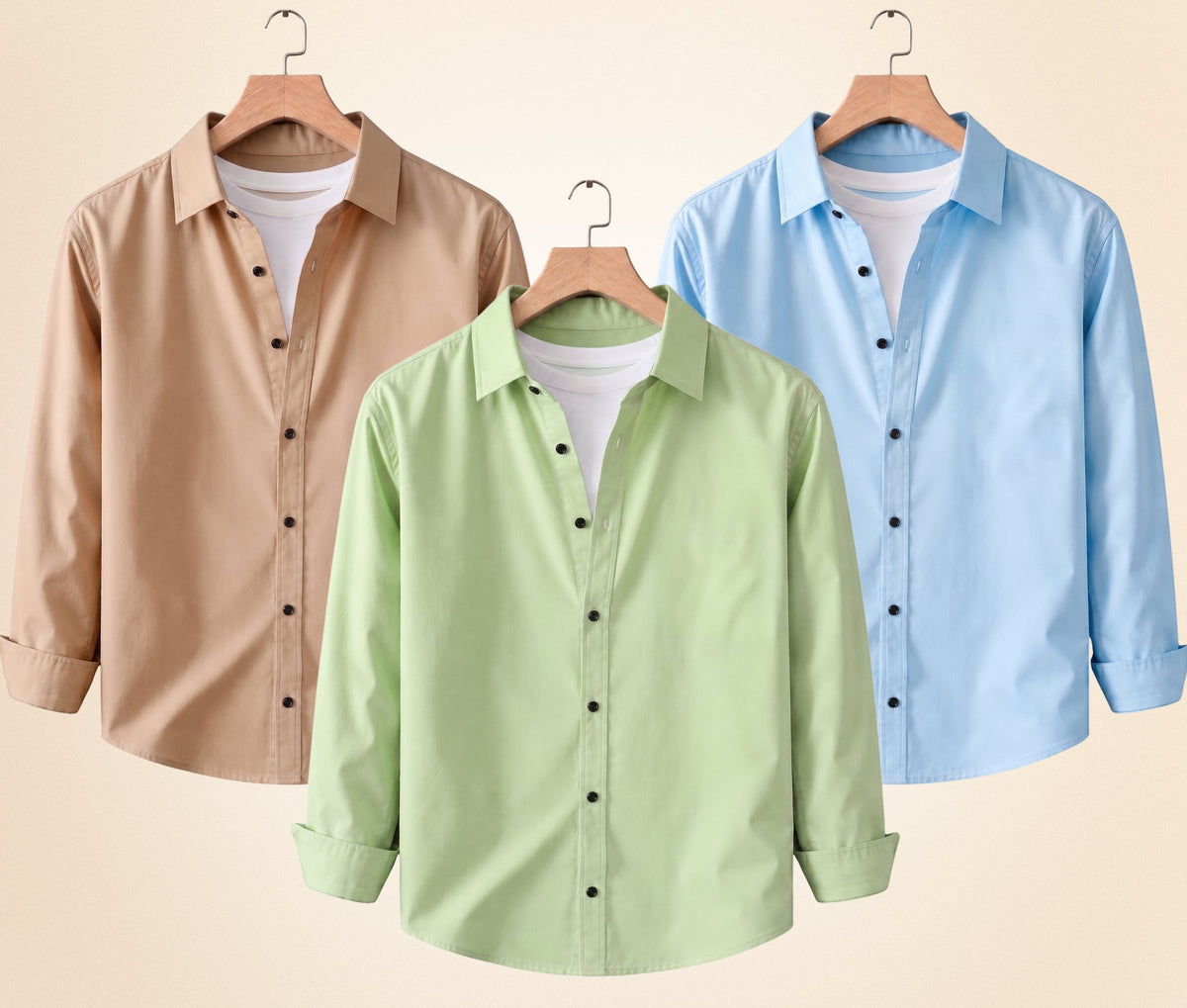 Blind Bear Men's Solid Full Sleeve Casual Shirts – Sand Beige, Pista and Sky Blue (Pack of 3)