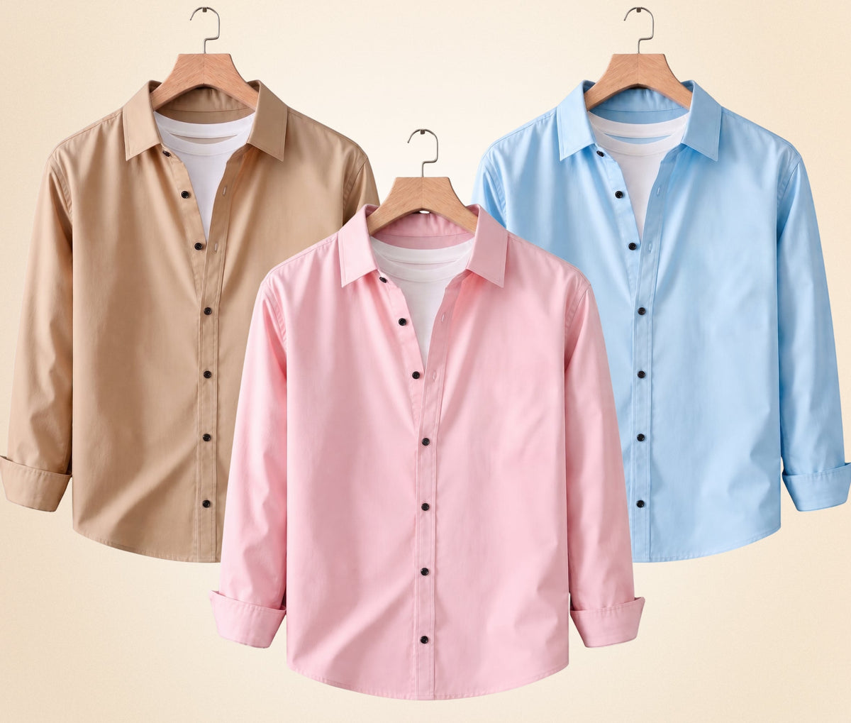 Blind Bear Men's Solid Full Sleeve Casual Shirts – Sand Beige, Peach Pink and Sky Blue (Pack of 3)