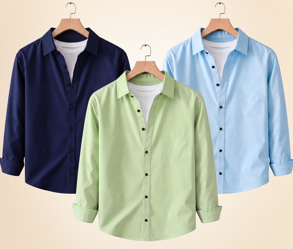 Blind Bear Men's Solid Full Sleeve Casual Shirts – Navy Blue, Pista and Sky Blue (Pack of 3)