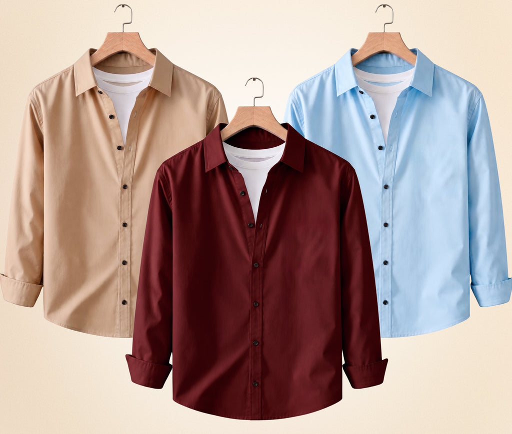 Blind Bear Men's Solid Full Sleeve Casual Shirts – Sand Beige, Burgundy and Sky Blue (Pack of 3)