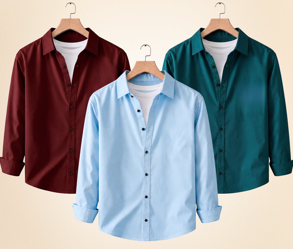 Blind Bear Men's Solid Full Sleeve Casual Shirts – Burgundy, Sky Blue and Teal Green (Pack of 3)